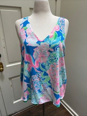 Floral V-Neck Sleeveless Tank — Blue, Pink & Green reversible blouse
